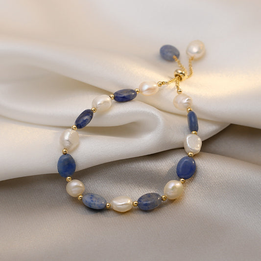 Blue Aventurine White Pearls Bracelet
